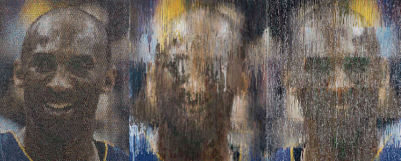 artwork by Bradley Hart featuring three interpretations of Kobe Bryant’s portrait: the left panel is a photorealistic image formed by injecting paint into bubble wrap; the center panel shows the Impression, a drip-formed abstraction; and the right panel is the Reflection, created using the original color map.
